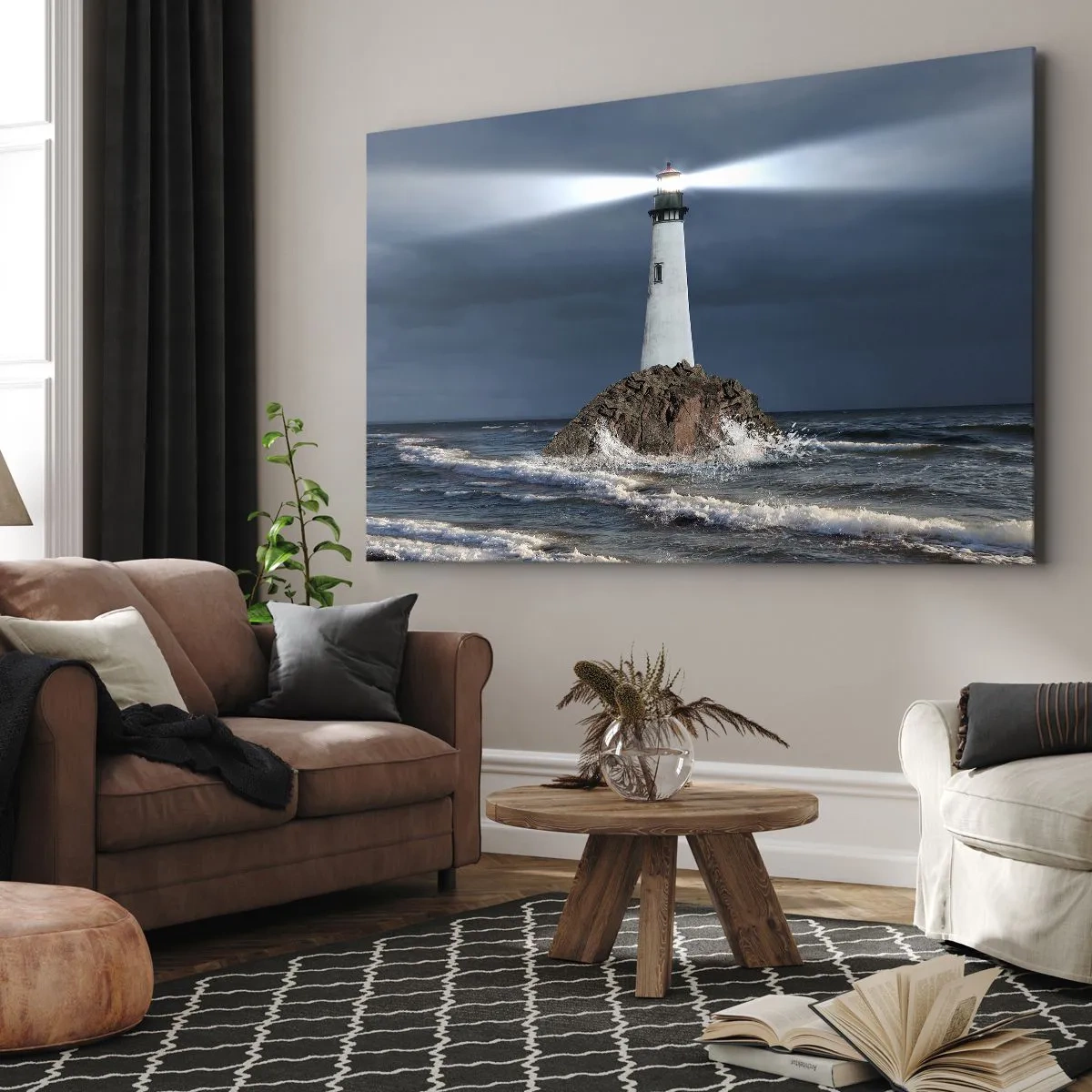 Impression sur toile - Image sur toile - Un phare sur un rocher entouré d'une mer agitée - 100x70cm - I… i… ici ! - Décoration murale moderne pour le salon et la chambre ARTTOR