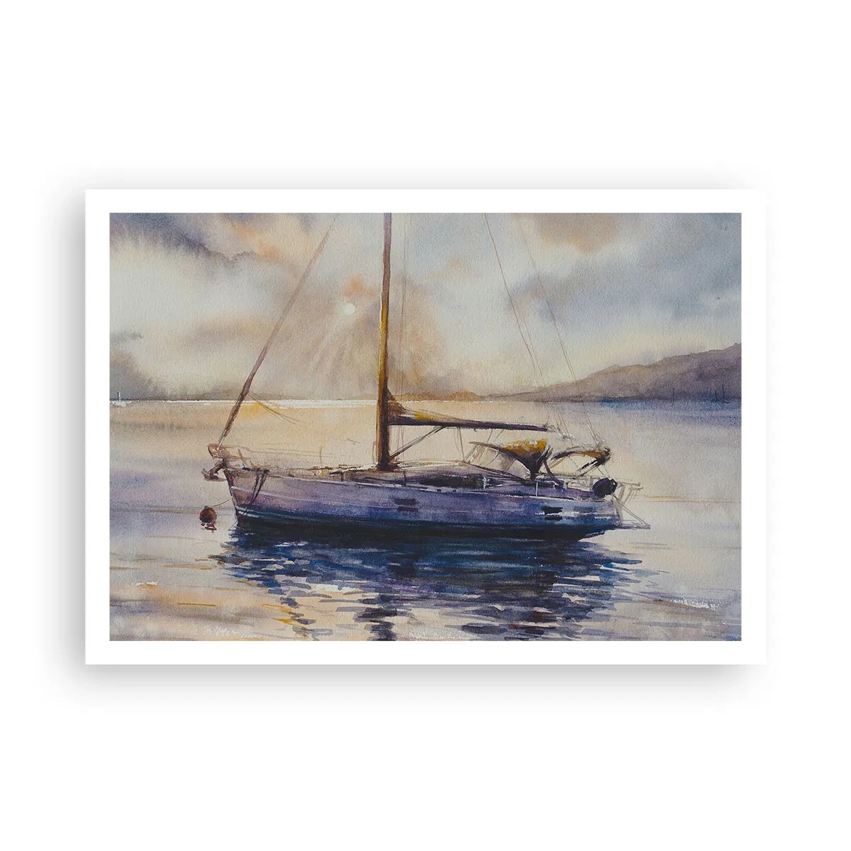 Affiche - Poster - Un yacht sur une mer calme au coucher du soleil - 100x70cm - Soirée sur la baie - Décoration murale moderne pour le salon et la chambre ARTTOR