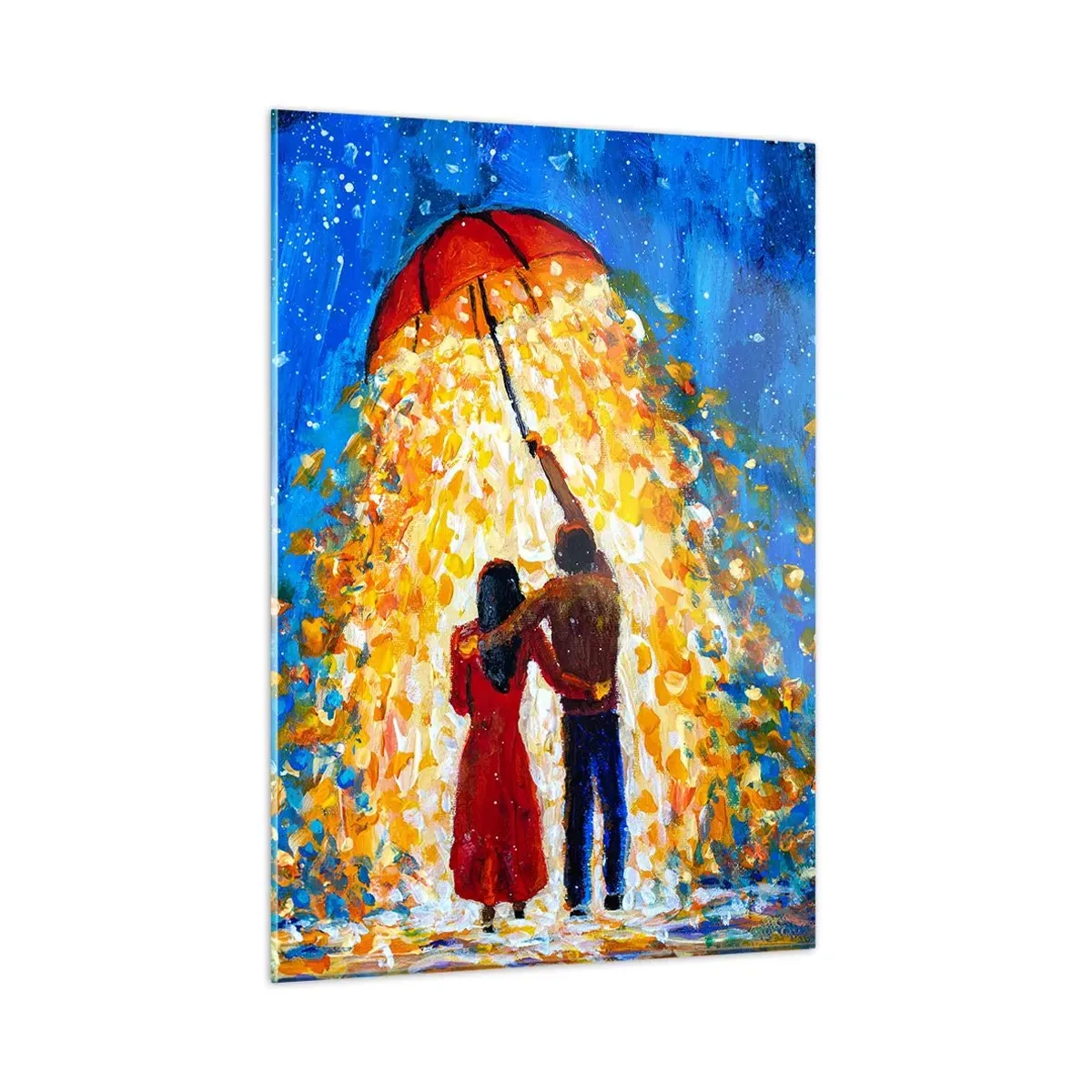 Impression sur verre - Image sur verre - Un couple sous un parapluie entouré d'une lumière dorée contre le ciel nocturne - 50x70cm - La magie d'une soirée pluvieuse ? - Décoration murale moderne pour le salon et la chambre ARTTOR