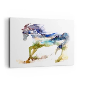 Impression sur toile - Image sur toile - Aquarelle d'un cheval avec un paysage de montagne en silhouette - 100x70cm - De la prairie directement au ciel - Décoration murale moderne pour le salon et la chambre ARTTOR