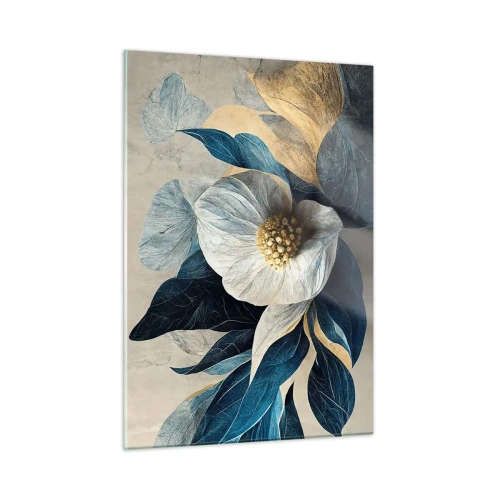 Impression sur verre - Image sur verre - Une composition florale blanche avec des feuilles bleu marine et un centre doré - 50x70cm - Il a un coeur d'or - Décoration murale moderne pour le salon et la chambre ARTTOR