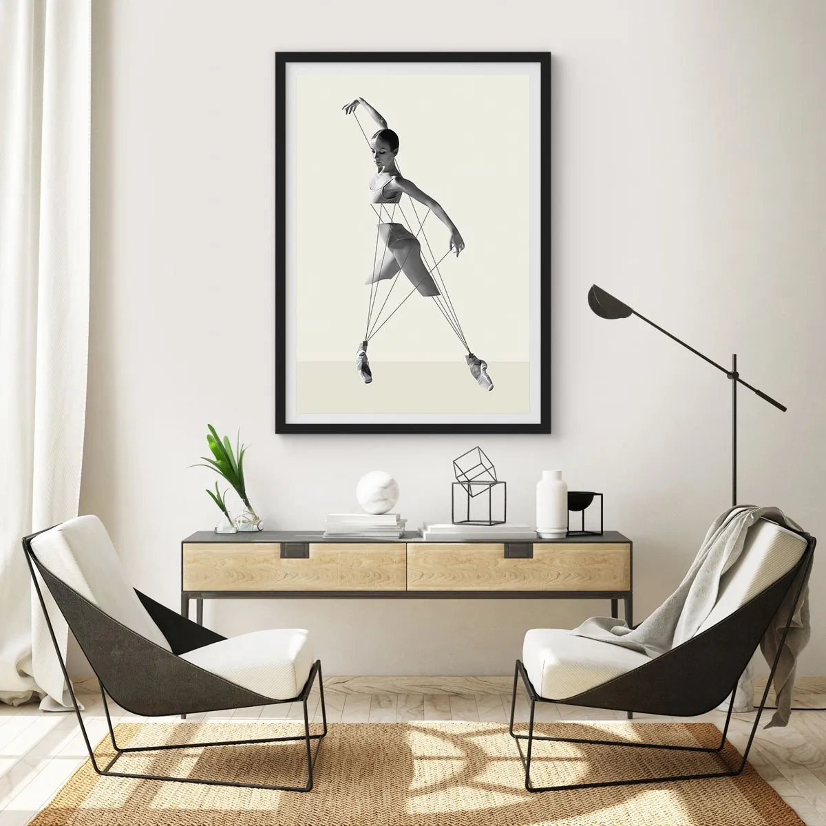 Affiche dans un cadre noir - Poster - Une ballerine dans une composition artistique aux lignes géométriques - 50x70cm - Dans le théatre de la vie - Décoration murale moderne pour le salon et la chambre ARTTOR