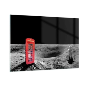 Impression sur verre - Image sur verre - Une cabine téléphonique rouge sur la surface lunaire avec un astronaute - 100x70cm - Une blague cosmique - Décoration murale moderne pour le salon et la chambre ARTTOR