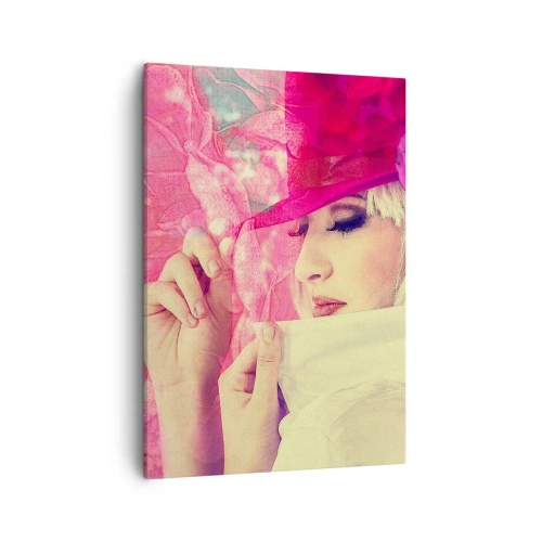 Impression sur toile - Image sur toile - Femme élégante avec un chapeau rose avec une fleur - 50x70cm - Portrait rétro dans une brume rose - Décoration murale moderne pour le salon et la chambre ARTTOR