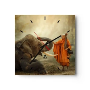 Horloge murale - Pendule murale - Un moine et un éléphant en harmonie avec la nature en toile de fond - 30x30cm - Rencontre en voyageant - Décoration murale moderne pour le salon et la chambre ARTTOR