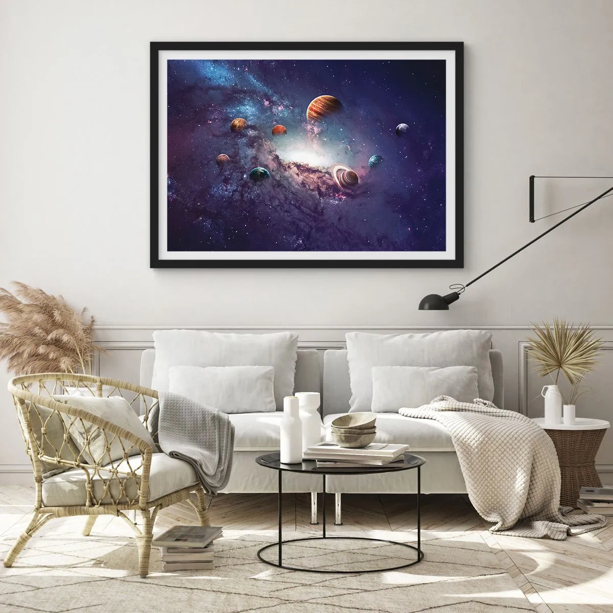 Affiche dans un cadre noir - Poster - Planètes dans une galaxie avec une nébuleuse en arrière-plan - 100x70cm - Système de danse solaire - Décoration murale moderne pour le salon et la chambre ARTTOR