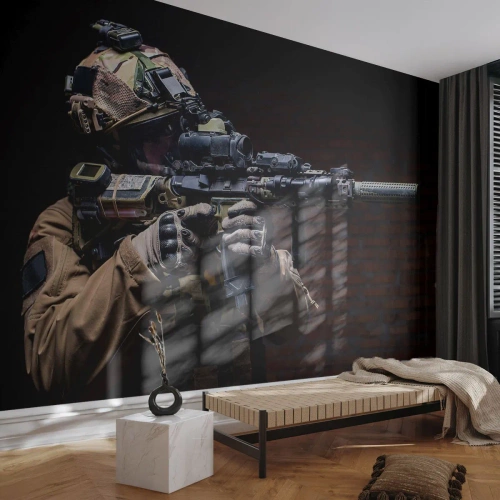 Papier Peint Photo Premium Sand - Meurtrier efficace - Militaire, Fusil, Arme - 150x105 cm
