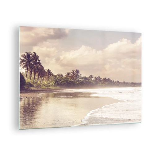 Impression sur verre - Image sur verre - Une plage dorée avec des palmiers et un océan calme dans la douce lumière - 70x50cm - La caresse des vagues - Décoration murale moderne pour le salon et la chambre ARTTOR