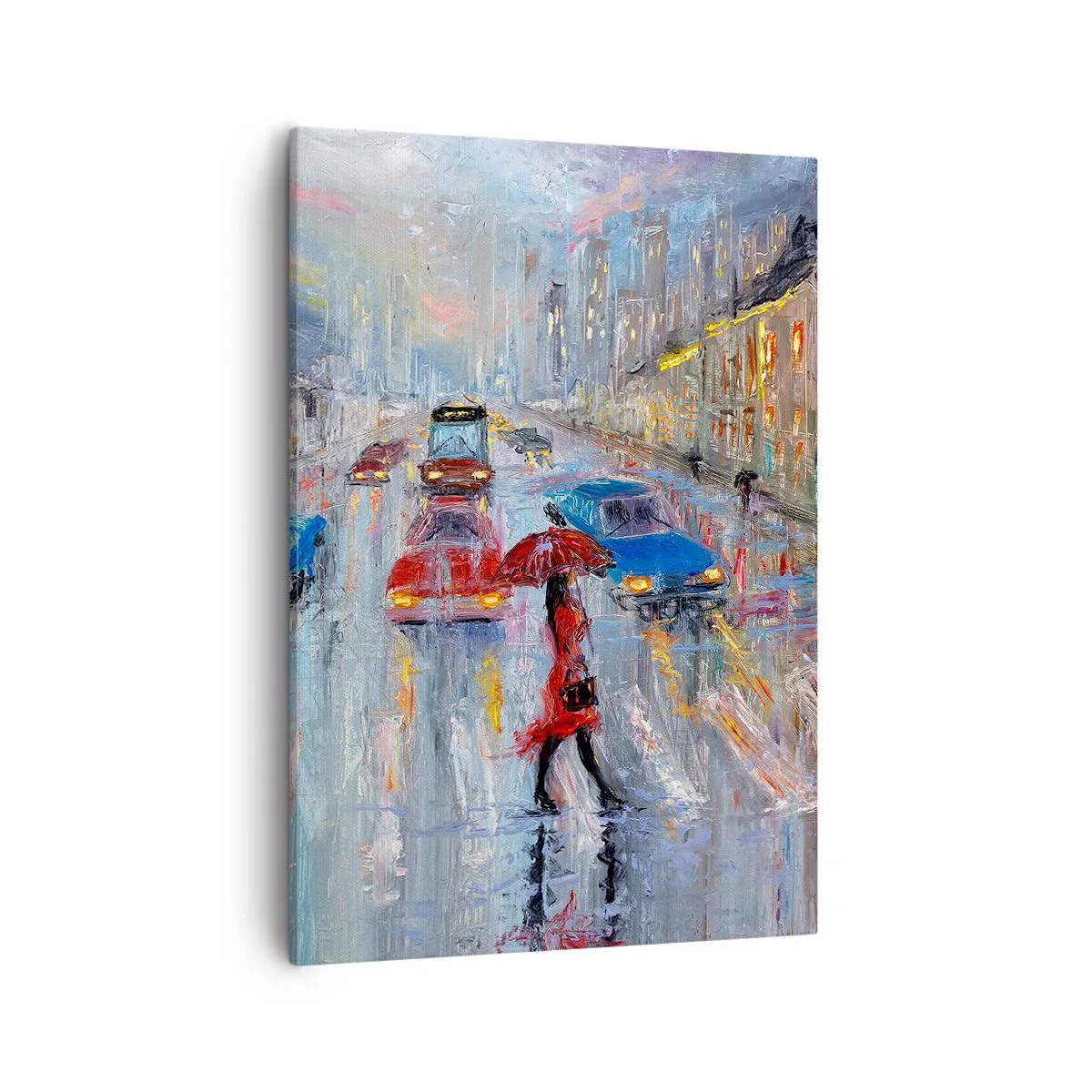 Impression sur toile - Image sur toile - Une femme avec un parapluie dans une rue pluvieuse à la lumière du néon. - 50x70cm - Après-midi pluvieux en ville - Décoration murale moderne pour le salon et la chambre ARTTOR