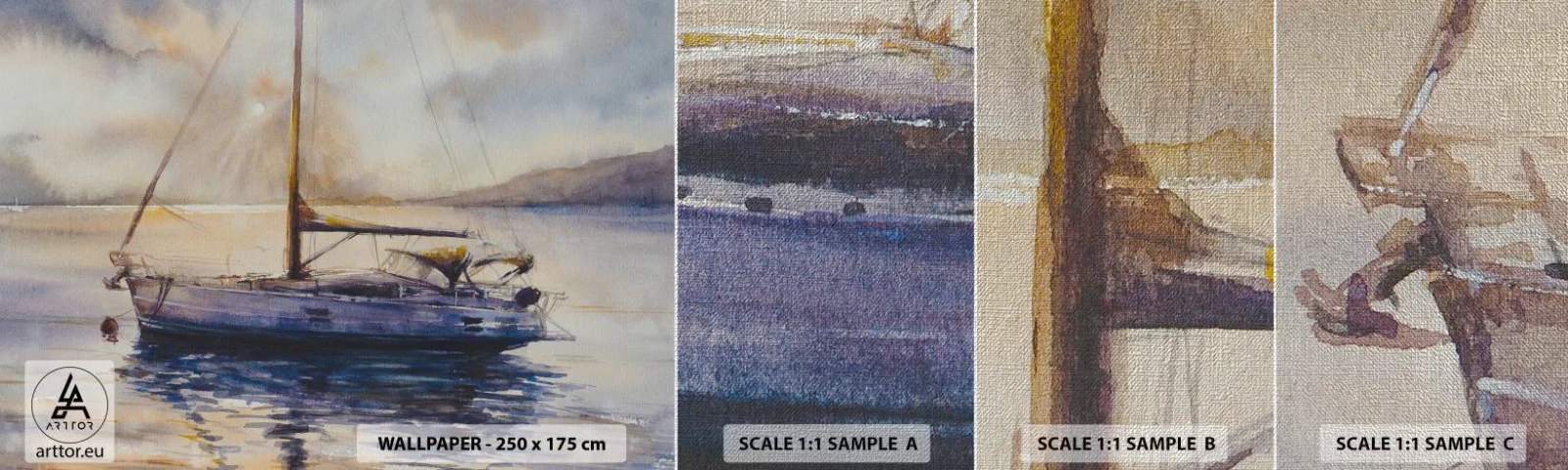 Échantillon de Papier Peint Premium Canvas - Soirée sur la baie - Voilier, Pêche, Bord de mer - 100x30 cm