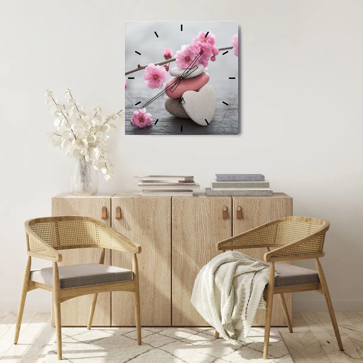 Horloge murale - Pendule murale - Fleurs de cerisier délicates avec des pierres en forme de cœur - 30x30cm - Le bonheur avec une fleur de cerisier - Décoration murale moderne pour le salon et la chambre ARTTOR