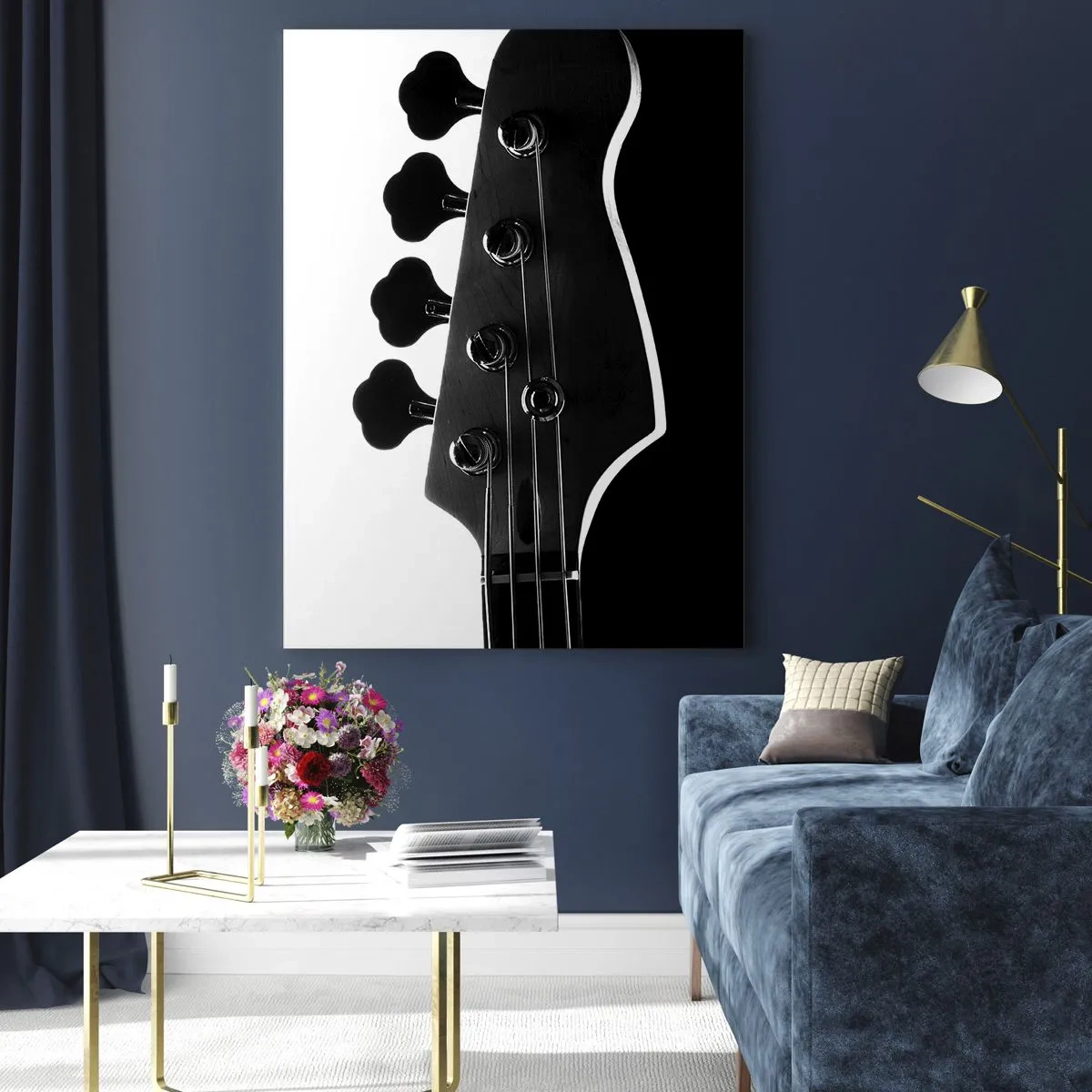 Impression sur verre - Image sur verre - Silhouette noire et blanche d'une tête de guitare basse - 70x100cm - Silence de roche - Décoration murale moderne pour le salon et la chambre ARTTOR