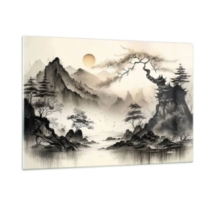 Impression sur verre - Image sur verre - Paysage de montagne oriental avec une pagode et des arbres - 120x80cm - Le charme unique de l'Orient - Décoration murale moderne pour le salon et la chambre ARTTOR