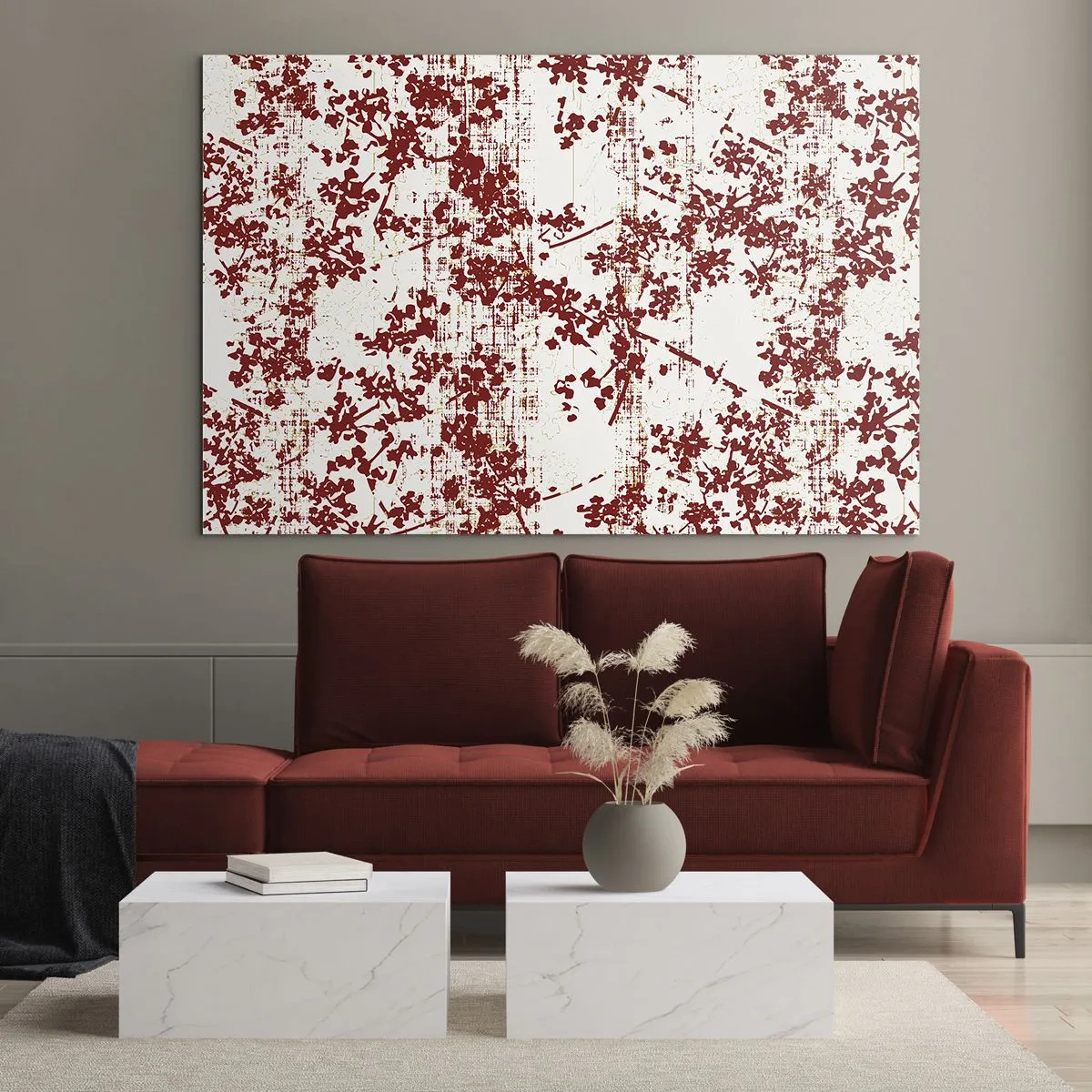 Impression sur verre - Image sur verre - Un motif floral en rouge sur un fond clair et vieilli - 100x70cm - Comme un calicot ancien - Décoration murale moderne pour le salon et la chambre ARTTOR
