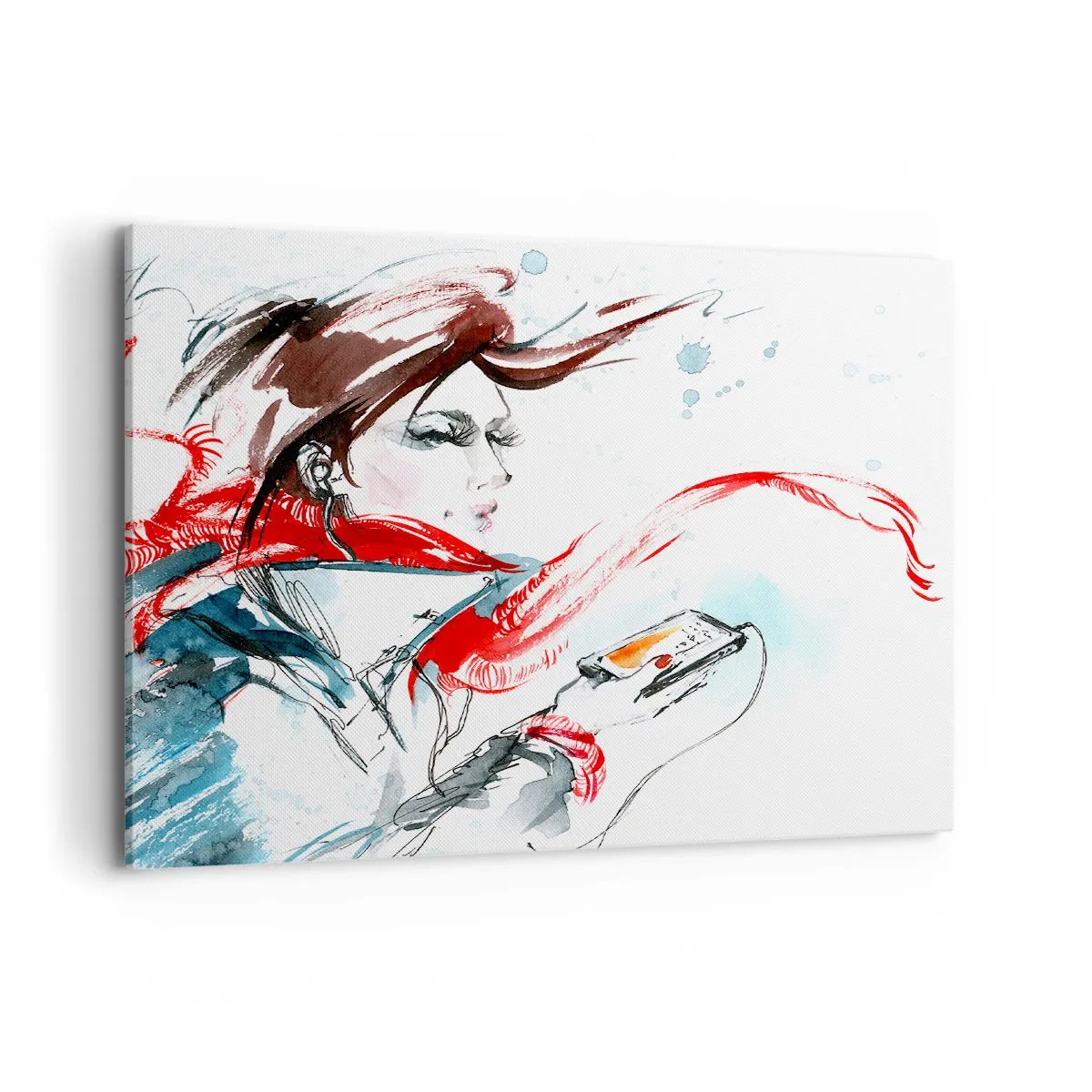 Impression sur toile - Image sur toile - Une femme portant un foulard rouge avec des traits d'aquarelle dynamiques - 100x70cm - Quelque chose se passe en moi - Décoration murale moderne pour le salon et la chambre ARTTOR