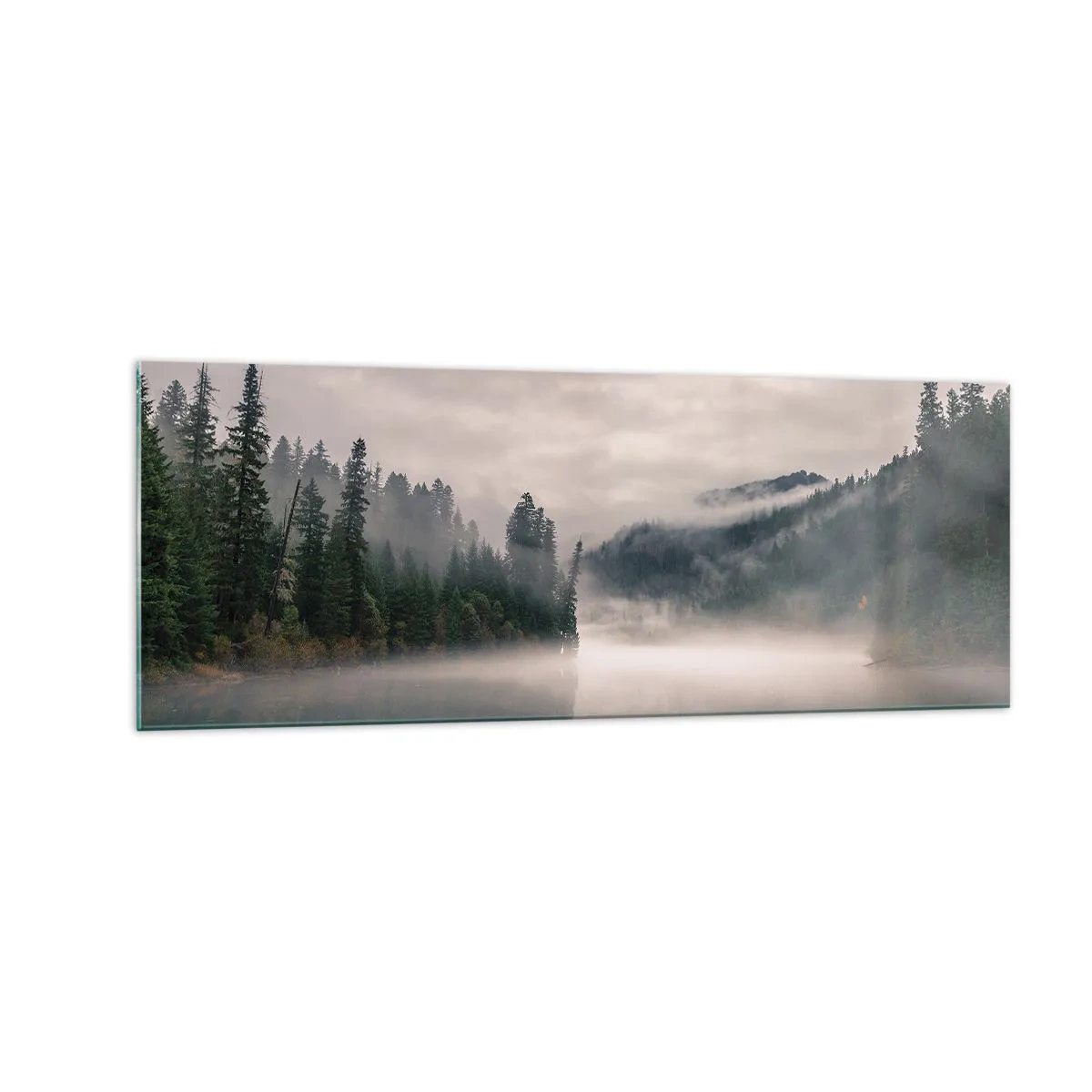 Impression sur verre - Image sur verre - Une forêt brumeuse se reflétant dans un lac calme - 140x50cm - Reflet dans le brouillard - Décoration murale moderne pour le salon et la chambre ARTTOR