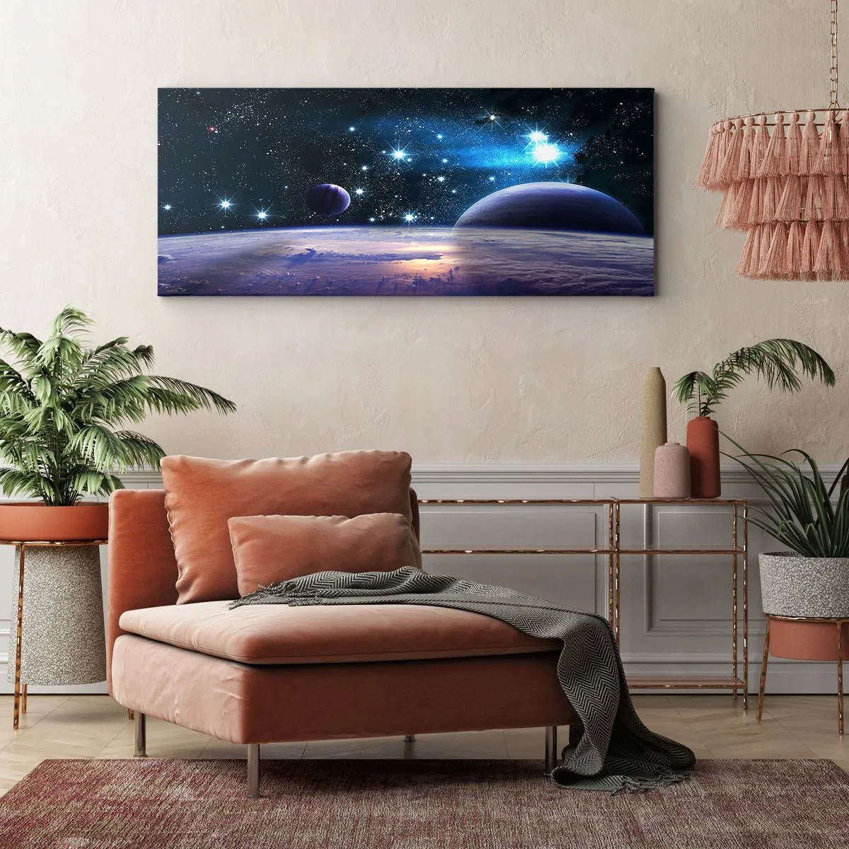 Impression sur toile - Image sur toile - Une vue de l'espace avec des planètes et des étoiles - 160x50cm - Toujours seul? - Décoration murale moderne pour le salon et la chambre ARTTOR