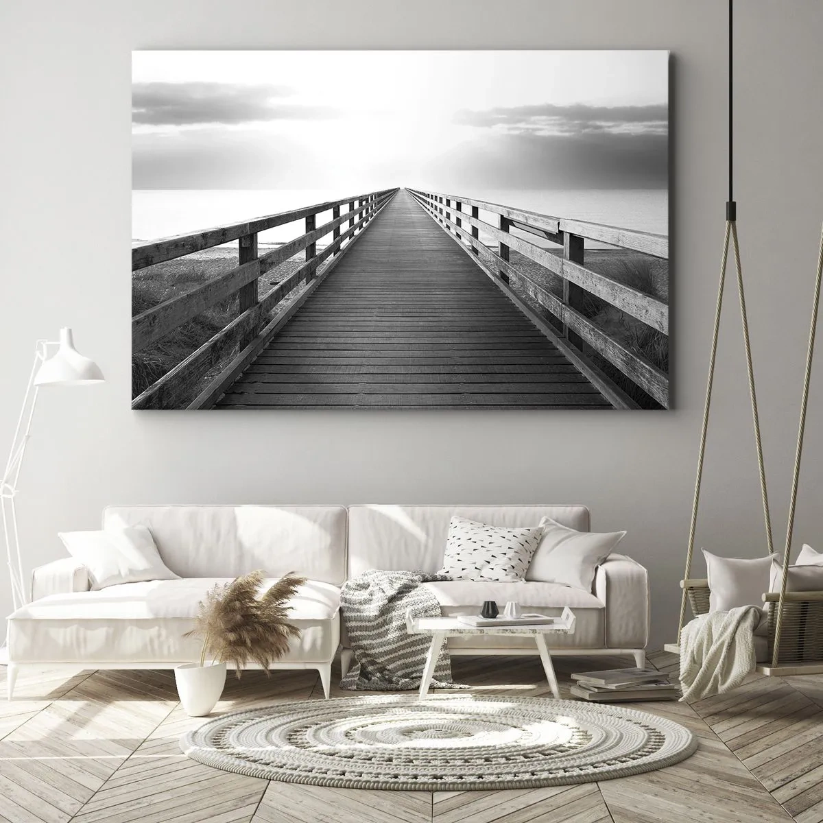 Impression sur toile - Image sur toile - Une image en noir et blanc d'une jetée en bois menant vers l'horizon. - 100x70cm - A perte de vue... - Décoration murale moderne pour le salon et la chambre ARTTOR