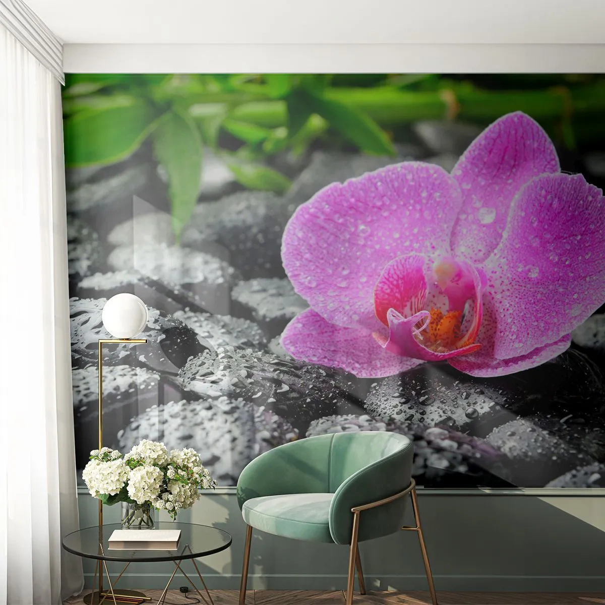 Papier Peint Photo Premium Canvas - Orchidée rose sur des pierres noires humides avec des feuilles vertes - 100x70cm - Comme un coeur ouvert - Décoration murale moderne pour le salon et la chambre ARTTOR
