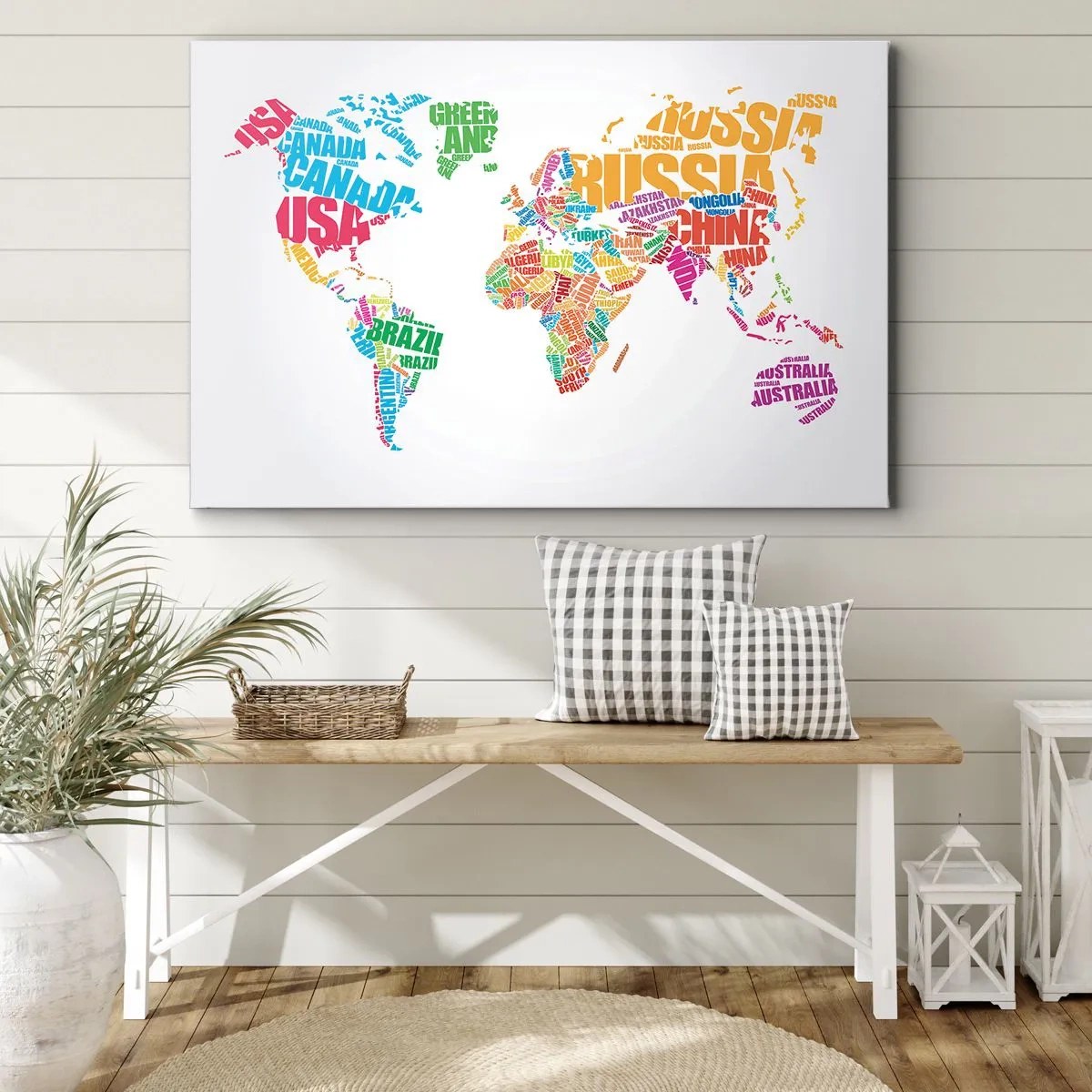 Impression sur toile - Image sur toile - Carte du monde colorée avec les noms des pays - 70x50cm - je veux tous les rencontrer - Décoration murale moderne pour le salon et la chambre ARTTOR