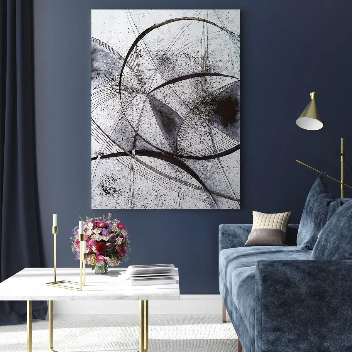 Impression sur verre - Image sur verre - Une composition en noir et blanc de lignes entrecroisées et d'arcs géométriques. - 50x70cm - Fantaisie futuriste - Décoration murale moderne pour le salon et la chambre ARTTOR