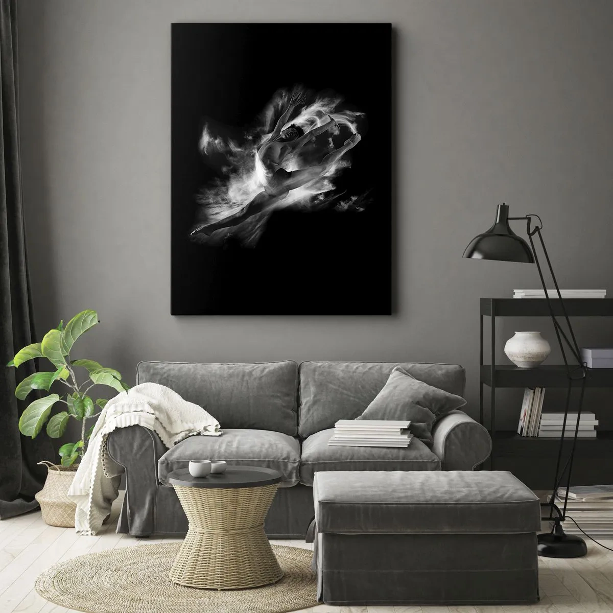 Impression sur toile - Image sur toile - Une danseuse dans une pose dynamique sur fond noir - 50x70cm - Coincé en l'air - Décoration murale moderne pour le salon et la chambre ARTTOR