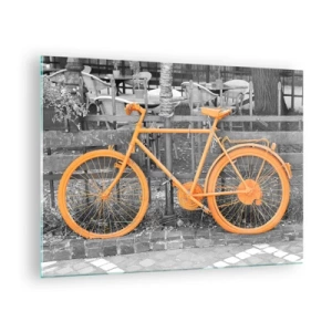 Impression sur verre - Image sur verre - Illustration d'un vélo peint en orange sur un fond noir et blanc. - 70x50cm - Allez, je vais attendre ici - Décoration murale moderne pour le salon et la chambre ARTTOR