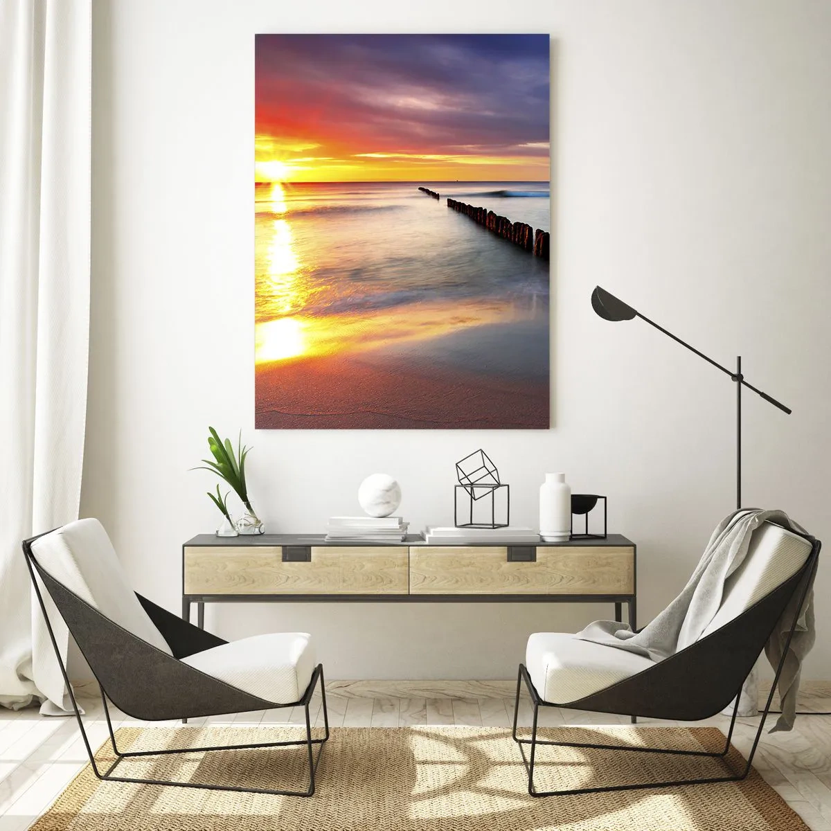 Impression sur verre - Image sur verre - Coucher de soleil sur la mer avec un brise-lames au premier plan - 80x120cm - Ecoute le silence - Décoration murale moderne pour le salon et la chambre ARTTOR