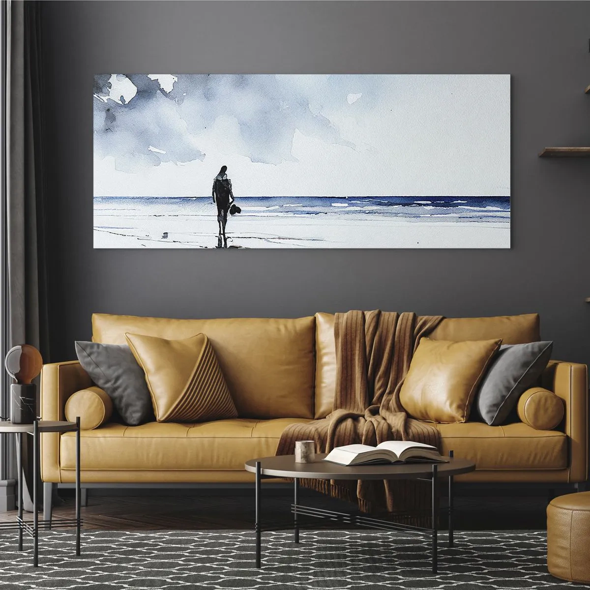 Impression sur verre - Image sur verre - Une silhouette sur une plage dans un environnement marin calme - 120x50cm - Conversation avec la mer - Décoration murale moderne pour le salon et la chambre ARTTOR