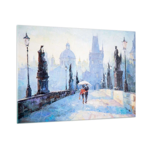 Impression sur verre - Image sur verre - Marcher avec un parapluie sur un pont historique un jour de pluie - 100x70cm - La pluie a dû nous charmer - Décoration murale moderne pour le salon et la chambre ARTTOR
