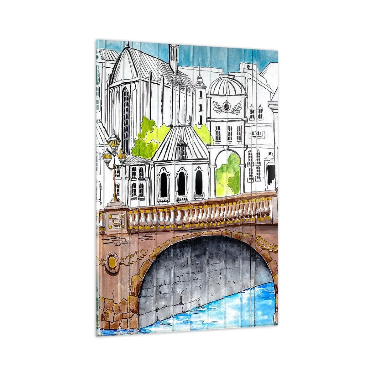 Impression sur verre - Image sur verre - Dessin du pont et de l'architecture urbaine historique - 80x120cm - Une ville comme peinte - Décoration murale moderne pour le salon et la chambre ARTTOR