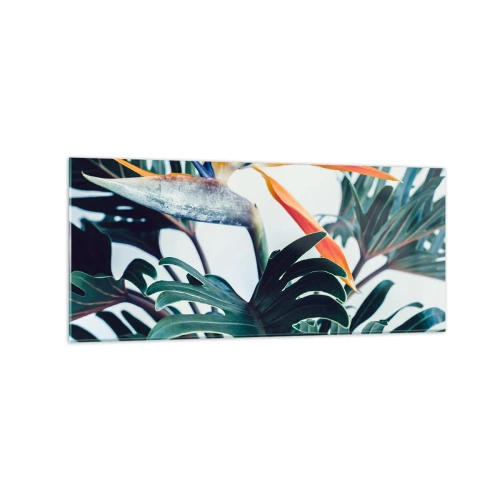 Impression sur verre - Image sur verre - Fleur de Strelitzia entourée de feuilles sous une lumière vive - 120x50cm - Le buisson oiseaux - Décoration murale moderne pour le salon et la chambre ARTTOR