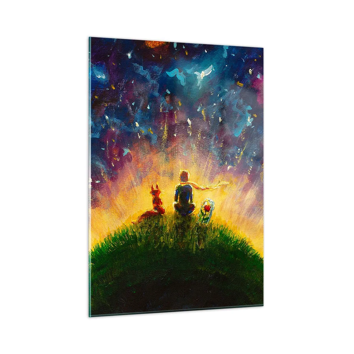 Impression sur verre - Image sur verre - Une figure avec un renard sur une planète sous un ciel étoilé - 50x70cm - Amour et amitié - le monde entier - Décoration murale moderne pour le salon et la chambre ARTTOR