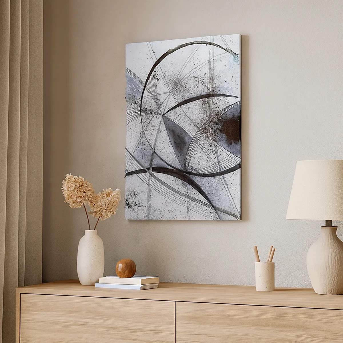 Impression sur toile - Image sur toile - Lignes et formes abstraites dans des tons de gris et de noir - 50x70cm - Fantaisie futuriste - Décoration murale moderne pour le salon et la chambre ARTTOR