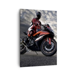 Impression sur toile - Image sur toile - Un motocycliste sur une moto de sport contre un ciel nuageux - 50x70cm - Cavalier noir - Décoration murale moderne pour le salon et la chambre ARTTOR