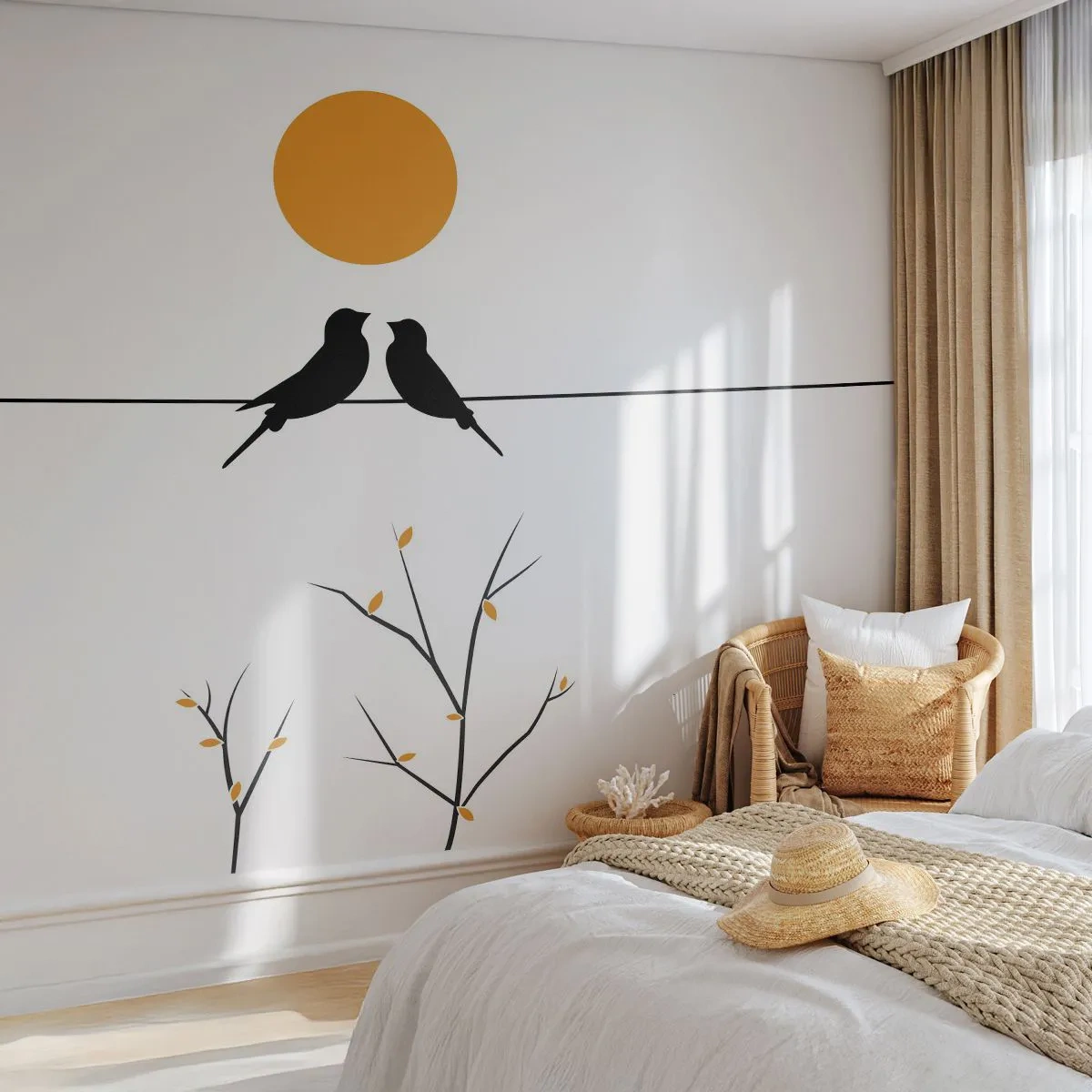 Papier Peint Photo Premium Canvas - Oiseaux sur une ligne avec un soleil jaune - 100x70cm - Soirée pour rossignols - Décoration murale moderne pour le salon et la chambre ARTTOR