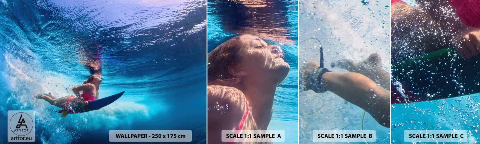 Échantillon de Papier Peint Autocollant Deluxe Sticker - Joie profonde - Surfant, Femme, sport - 100x30 cm