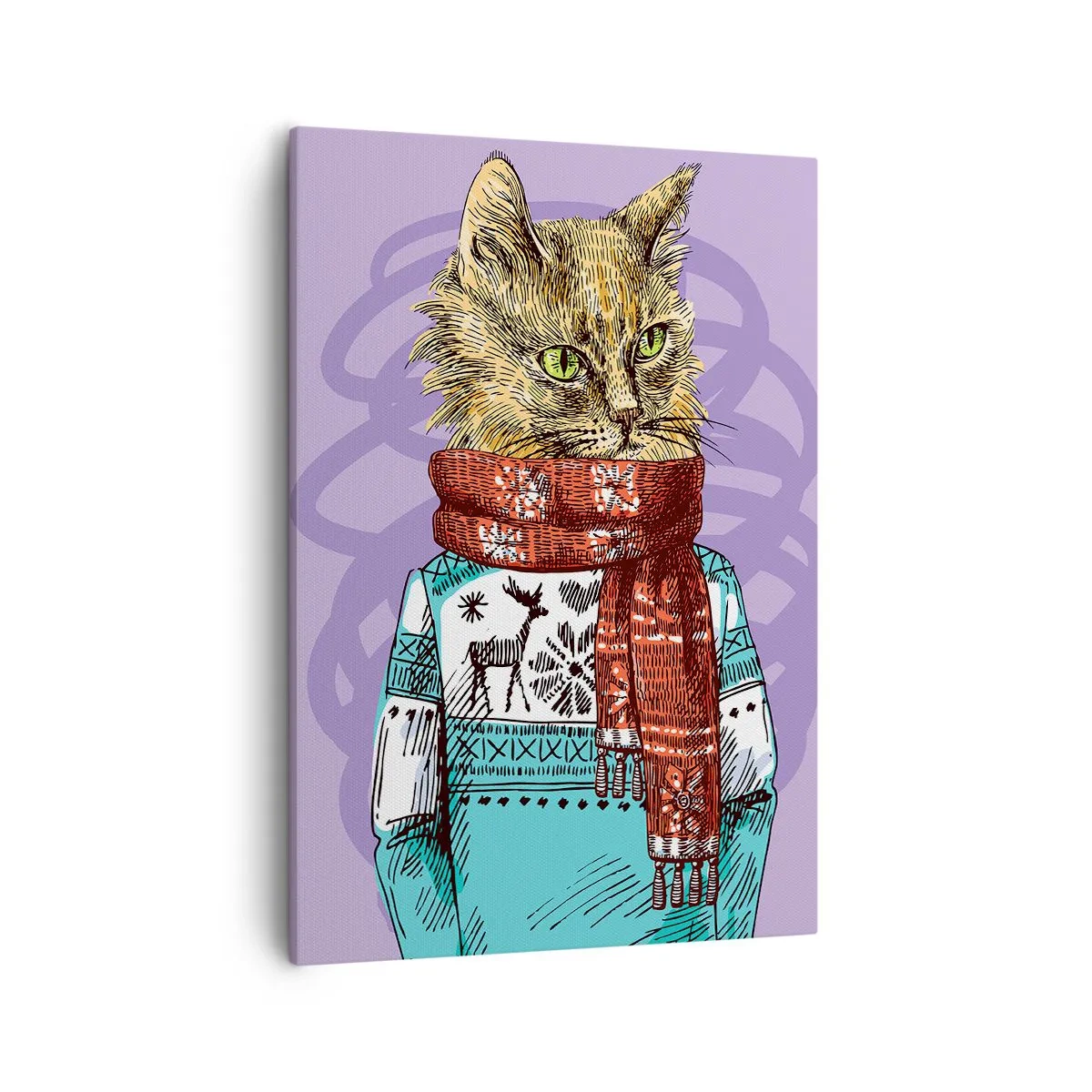 Impression sur toile - Image sur toile - Un chat en pull et écharpe sur fond violet - 50x70cm - Le chat, pas uniquement dans les chaussures - Décoration murale moderne pour le salon et la chambre ARTTOR