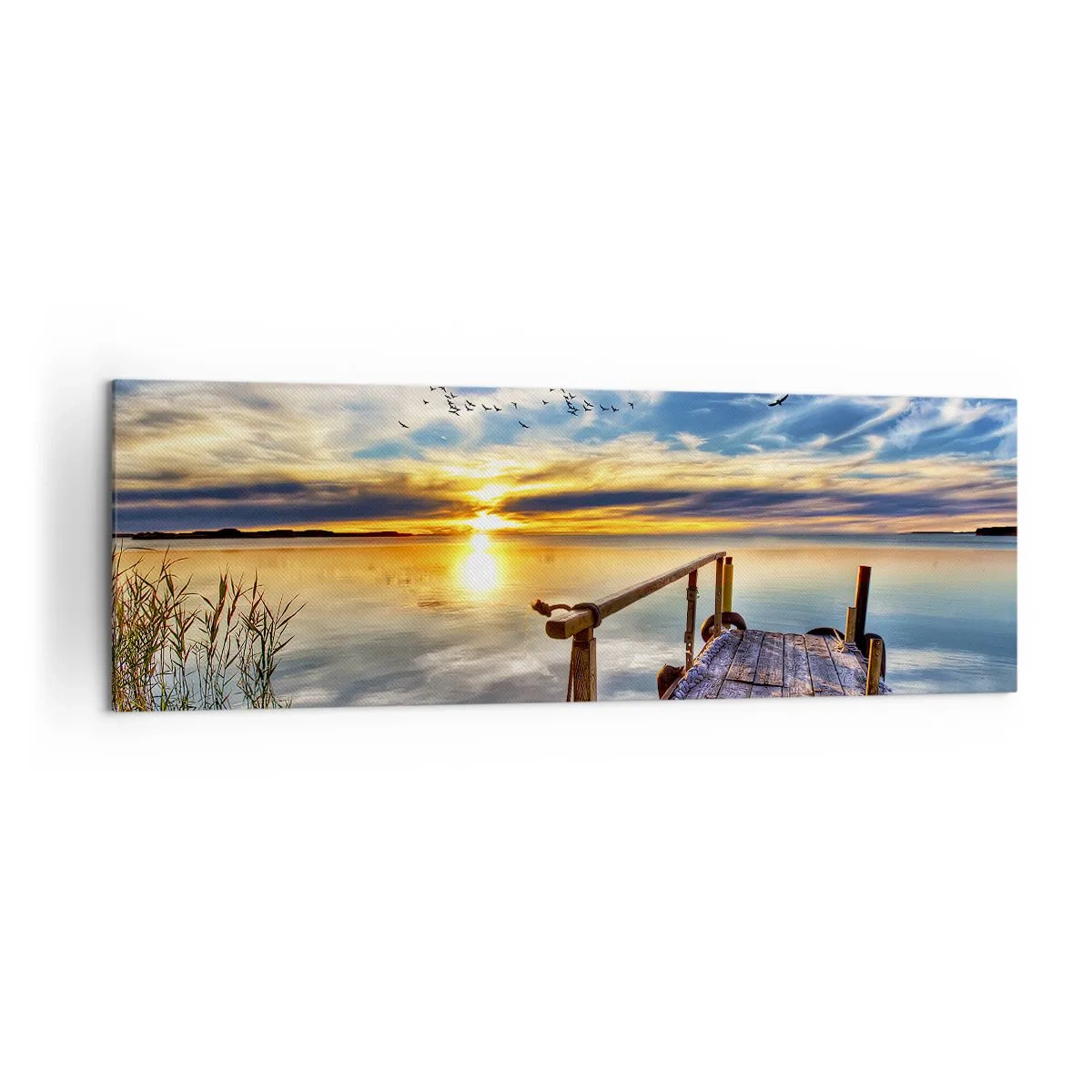 Impression sur toile - Image sur toile - Jetée en bois sur le lac au coucher du soleil - 160x50cm - Le vent se repose - Décoration murale moderne pour le salon et la chambre ARTTOR