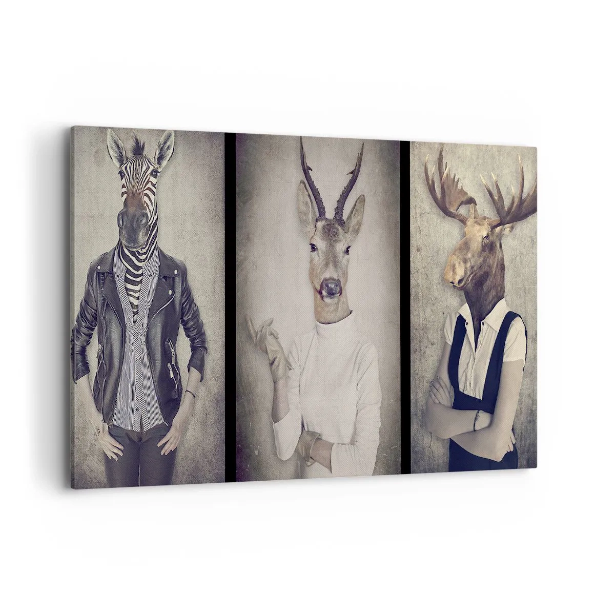 Impression sur toile - Image sur toile - Un triptyque avec des figures animales en vêtements humains sur un fond artistique - 100x70cm - Laissons parler les gestes - Décoration murale moderne pour le salon et la chambre ARTTOR