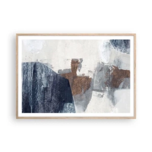 Affiche dans un chêne clair - Poster - Formes bleues et brunes - 100x70 cm