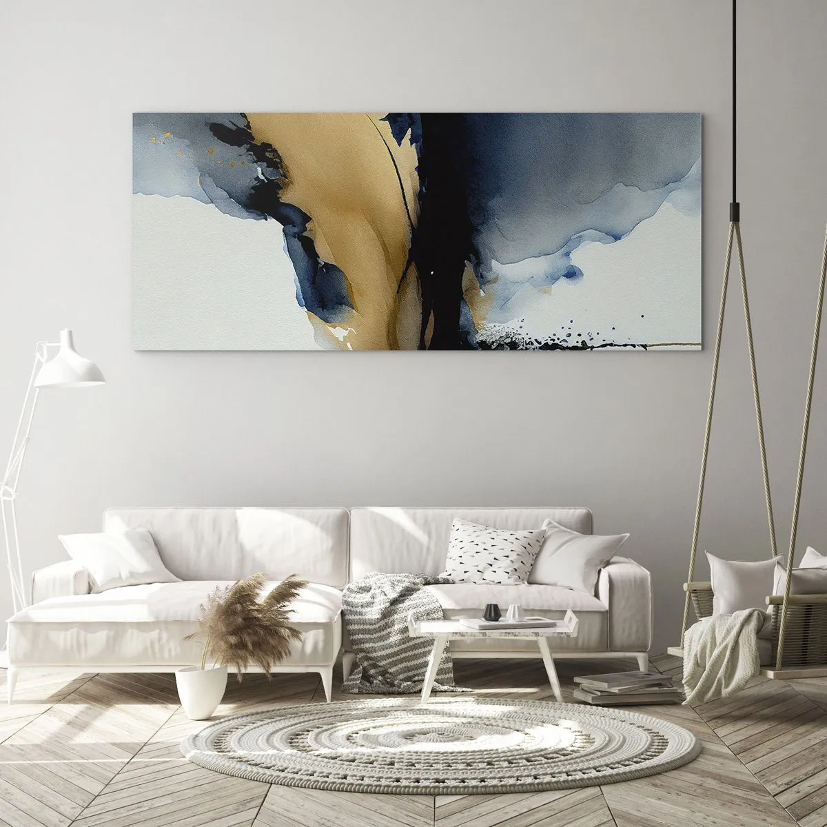 Impression sur verre - Image sur verre - Une composition abstraite dans les tons bleu marine et or - 140x50cm - Derrière le rideau - Décoration murale moderne pour le salon et la chambre ARTTOR