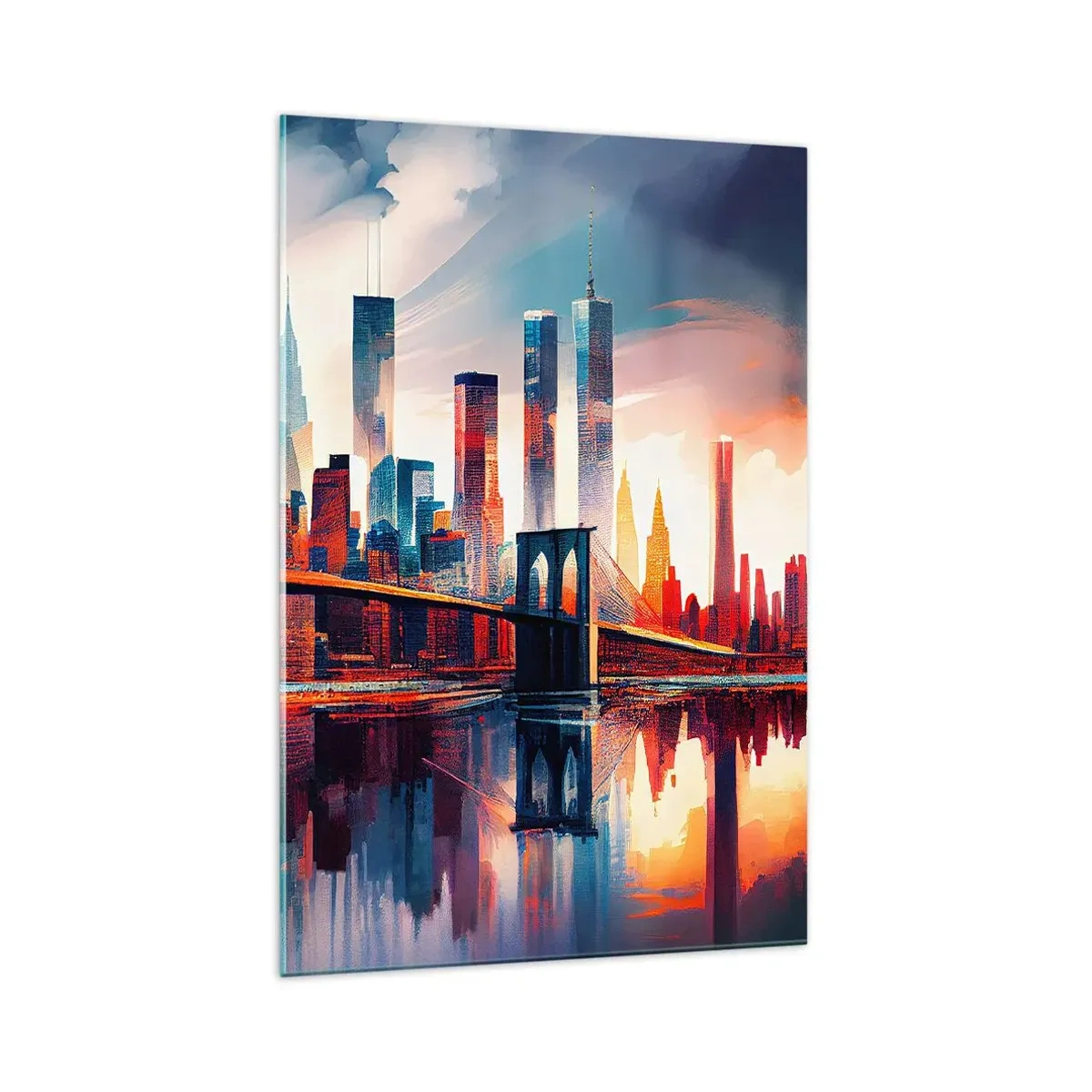 Impression sur verre - Image sur verre - Panorama de la ville de New York avec pont et reflet dans l'eau - 70x100cm - New York onirique - Décoration murale moderne pour le salon et la chambre ARTTOR