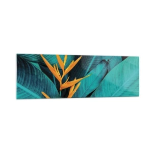 Impression sur verre - Image sur verre - Une fleur exotique sur fond de feuilles de bananier aux tons turquoise. - 160x50cm - Fleur d'Eden - Décoration murale moderne pour le salon et la chambre ARTTOR
