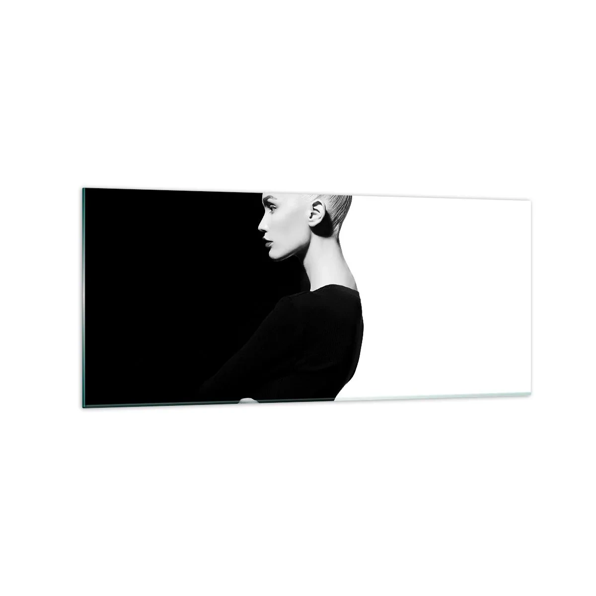 Impression sur verre - Image sur verre - Portrait élégant d'une femme sur fond noir et blanc - 120x50cm - Tout simplement une femme - Décoration murale moderne pour le salon et la chambre ARTTOR