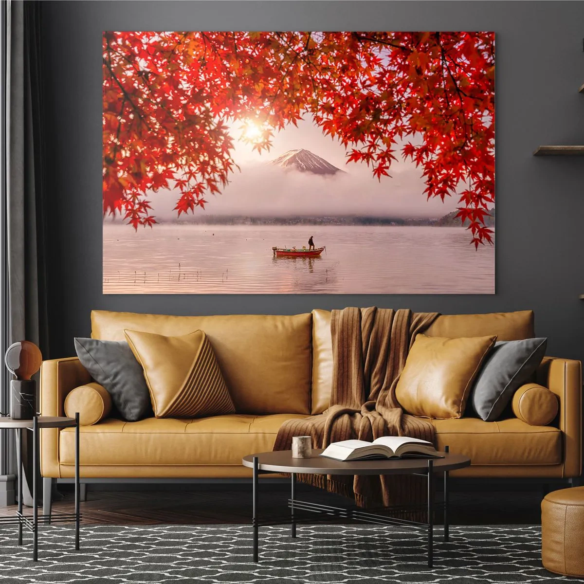 Impression sur verre - Image sur verre - Mont Fuji avec un bateau sur un lac entouré de feuilles rouges - 100x70cm - Dans le climat japonais - Décoration murale moderne pour le salon et la chambre ARTTOR
