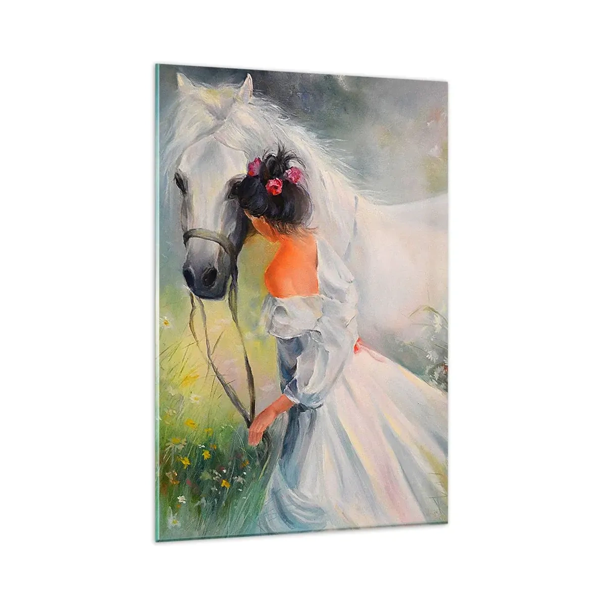 Impression sur verre - Image sur verre - Une femme avec un cheval blanc dans un cadre pittoresque - 80x120cm - Comme dans un beau rêve - Décoration murale moderne pour le salon et la chambre ARTTOR