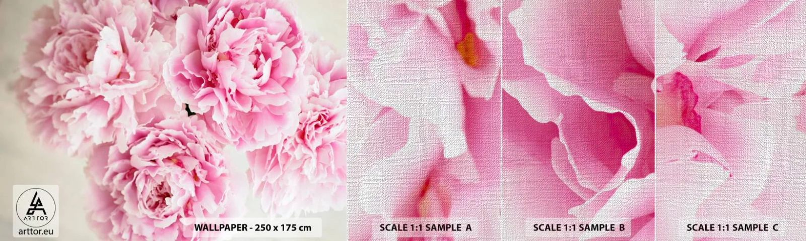 Échantillon de Papier Peint Premium Canvas - En glamour rose - Pivoines, Bouquet de fleurs, Fleurs - 100x30 cm