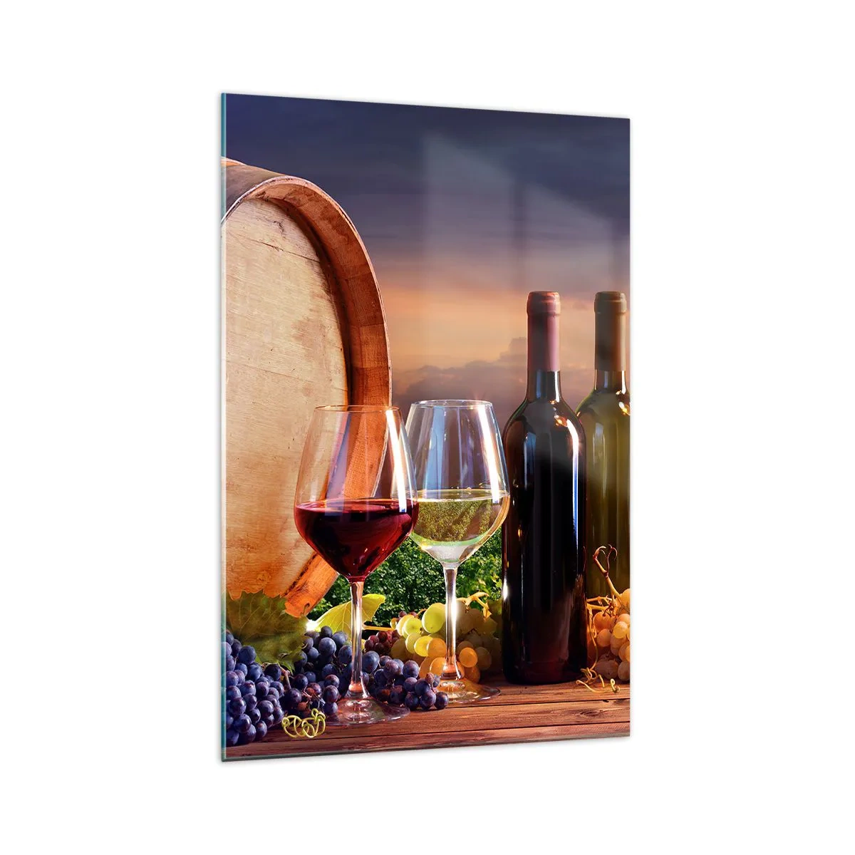 Impression sur verre - Image sur verre - Du vin, des verres et un tonneau dans un paysage pittoresque - 70x100cm - Ici la vie a du goût - Décoration murale moderne pour le salon et la chambre ARTTOR