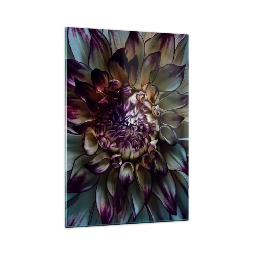 Impression sur verre - Image sur verre - Gros plan d'une fleur de dahlia dans des tons sombres - 80x120cm - L'apogée de la jeunesse - Décoration murale moderne pour le salon et la chambre ARTTOR